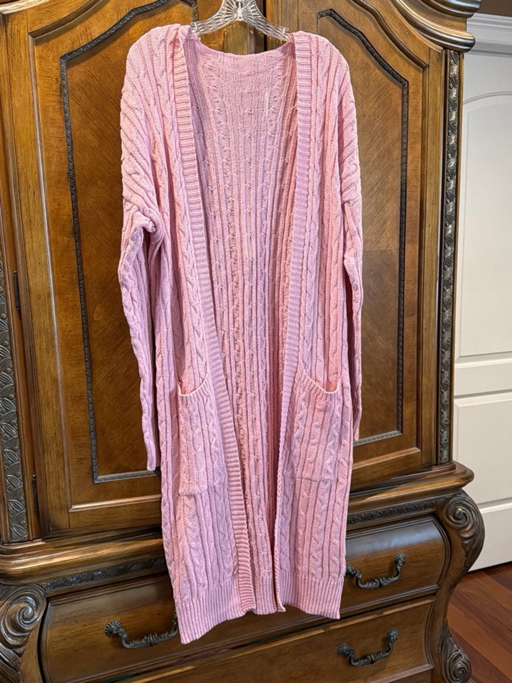Longline Cable Knit Open Cardigan - Pink